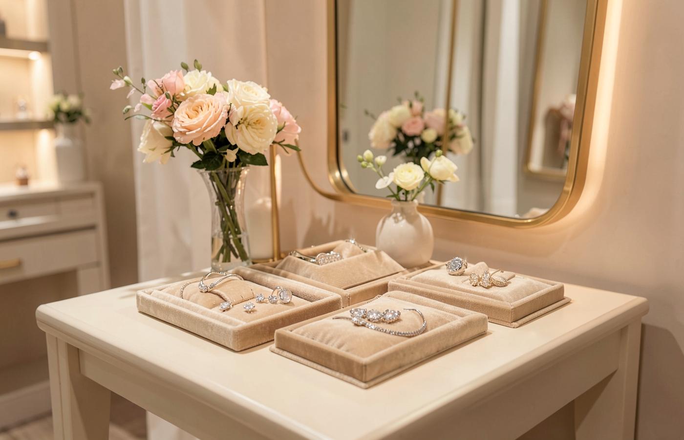 Joyas exhibidas en bandejas de terciopelo en el showroom de Weston